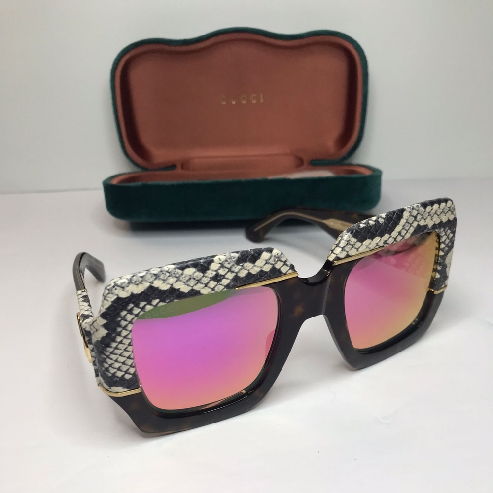 New- 💯 Original Gucci 0484 Havana Pink Snake Fantasy Leather Fashion Oversize - Picture 5 of 17